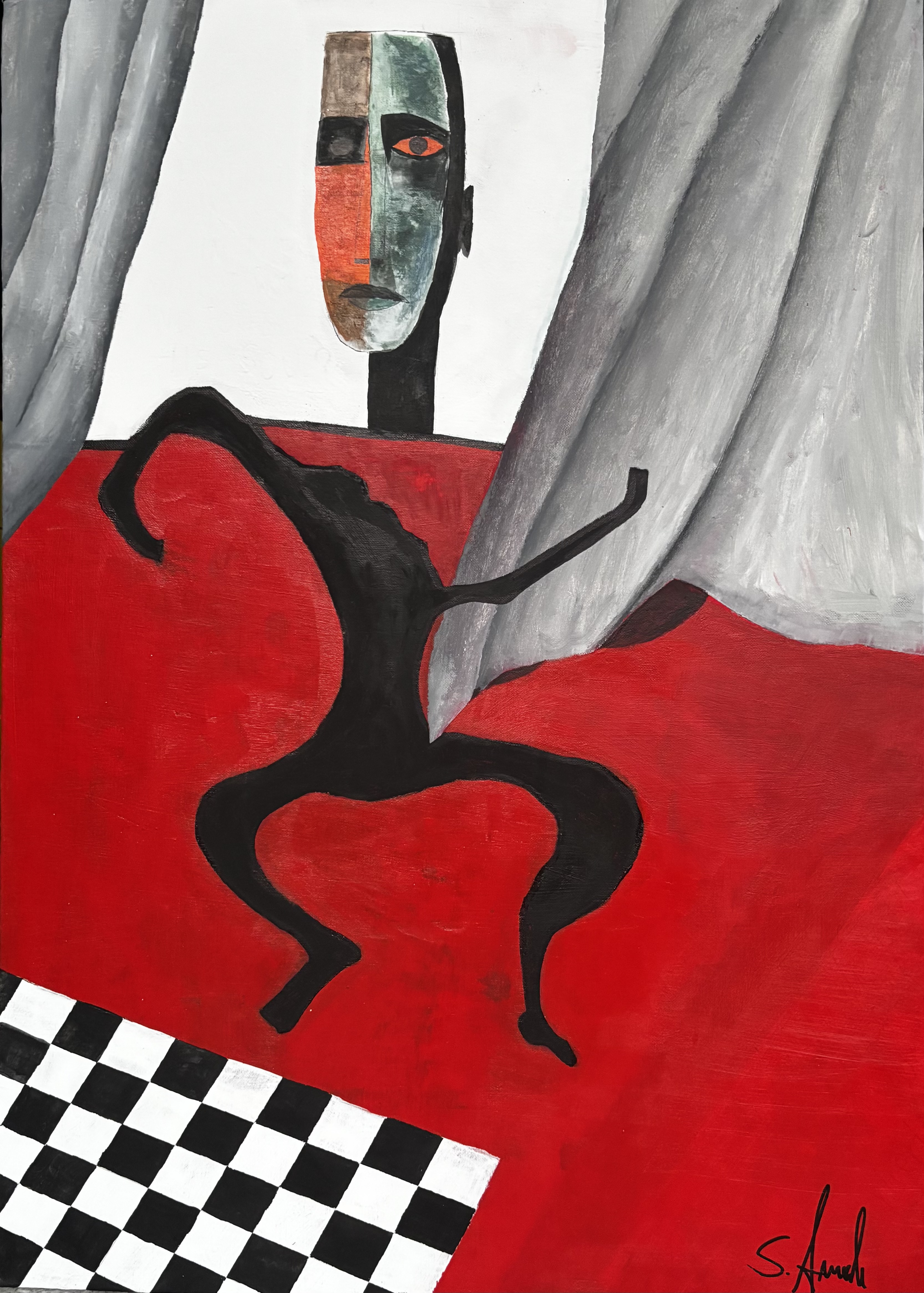 Figure with checkerboard pattern by Sami Azmeh